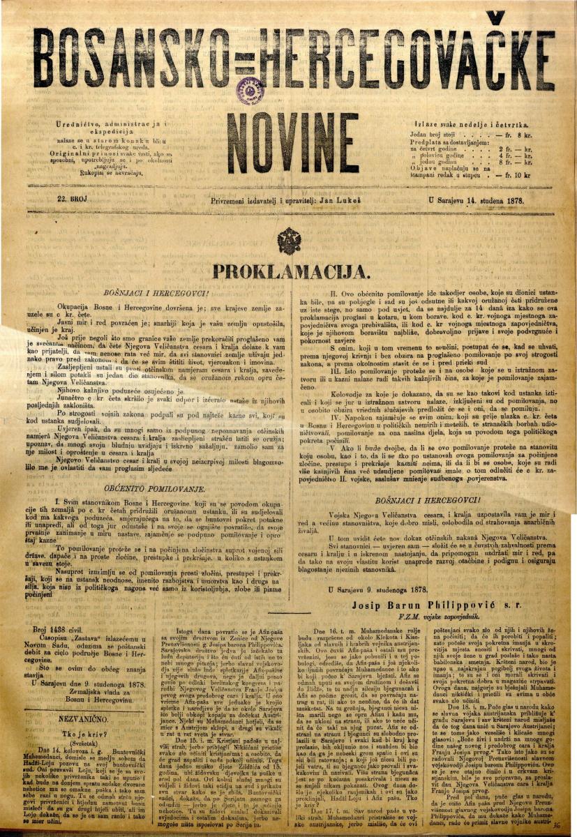 Bosansko hercegovacke novine 14/11/1878
