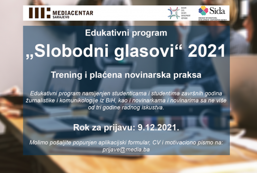 Edukativni program &quot;Slobodni glasovi&quot; 2021: Trening i plaćena novinarska praksa